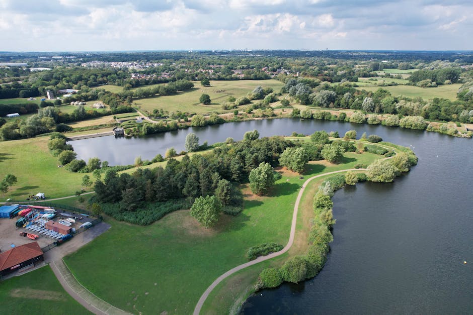 An aerial view of a large, irregularly shaped park with a winding footpath running through lush green grass and dense clusters of trees. The park is bordered by a wide body of water on three sides, wi