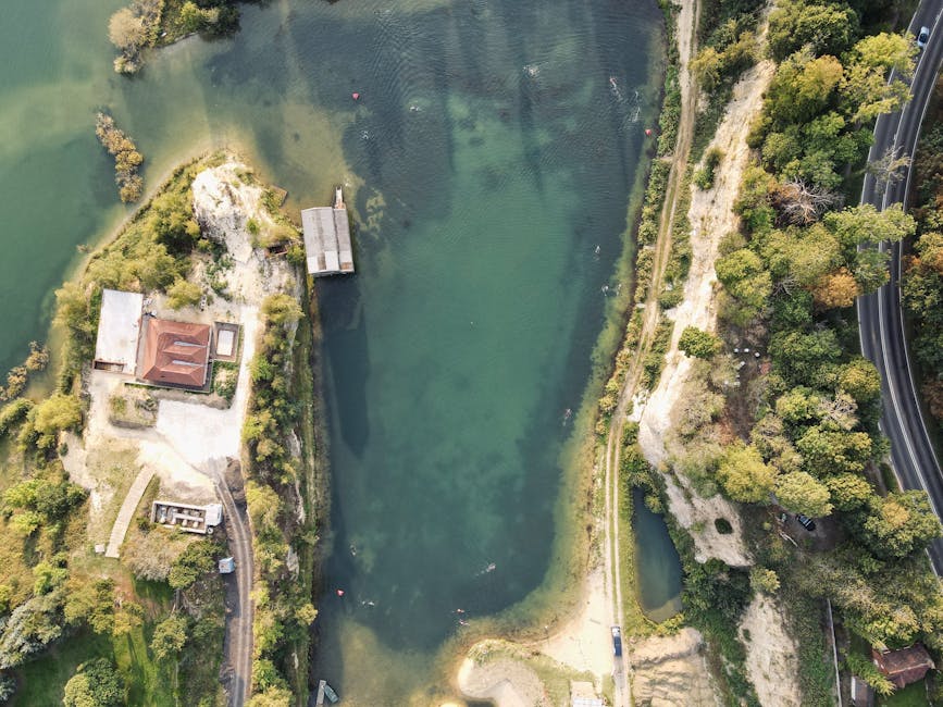 An aerial view of a large, irregularly shaped park with a winding footpath running through lush green grass and dense clusters of trees. The park is bordered by a wide body of water on three sides, wi
